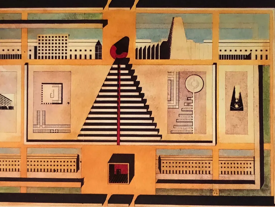 Fig. 8 Gianni Braghieri, Il gioco dell’oca, collage con elementi del progetto del Cimitero di Modena di Rossi e  Braghieri, GB 1973