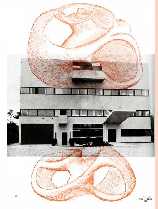 Fig. 10: Le Corbusier, montaggio del disegno di una conchiglia sulla fotografia della  Villa a Garches, pubblicato in “L’Architecture d’aujourd’hui”, 1948.