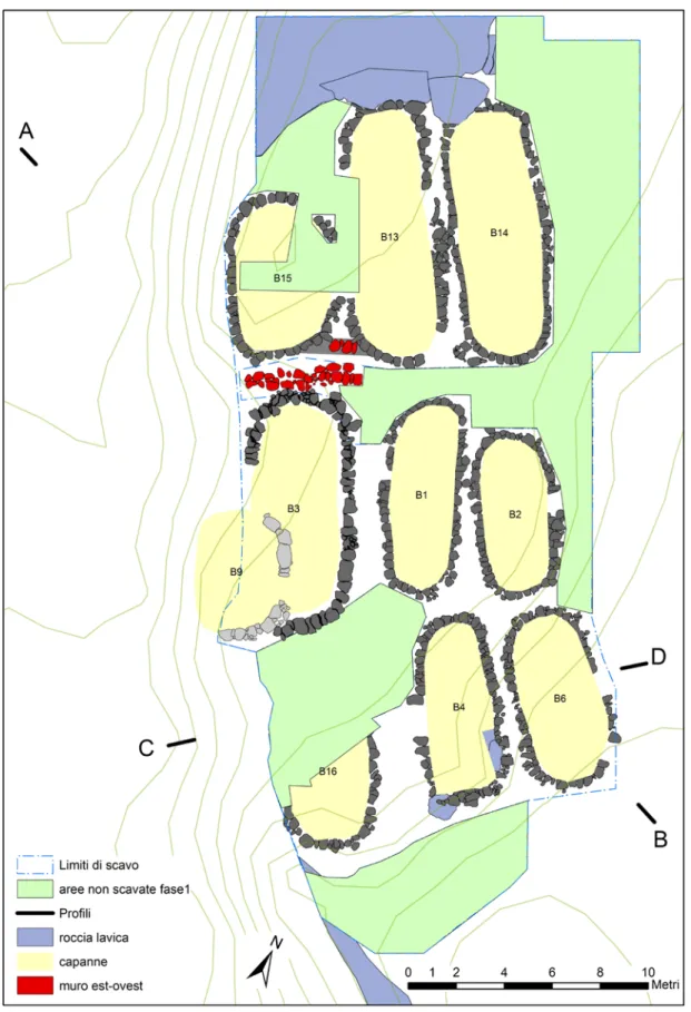 Fig. 3. Mursia. Settore B. Planimetria con capanne della Fase 1. 