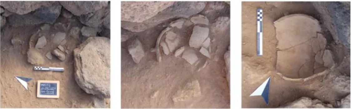 Fig. 8. B13 Nord. Olla (Rep.13015) in fase di scavo sul piano del battuto 1243.  