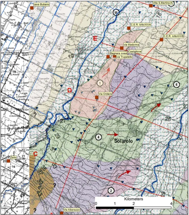Fig. 3. Localizzazione dei siti dell’età del Bronzo nella pianura tra la via Emilia e Lugo sulla base cartografica  geomorfologica di M ARABINI  2007