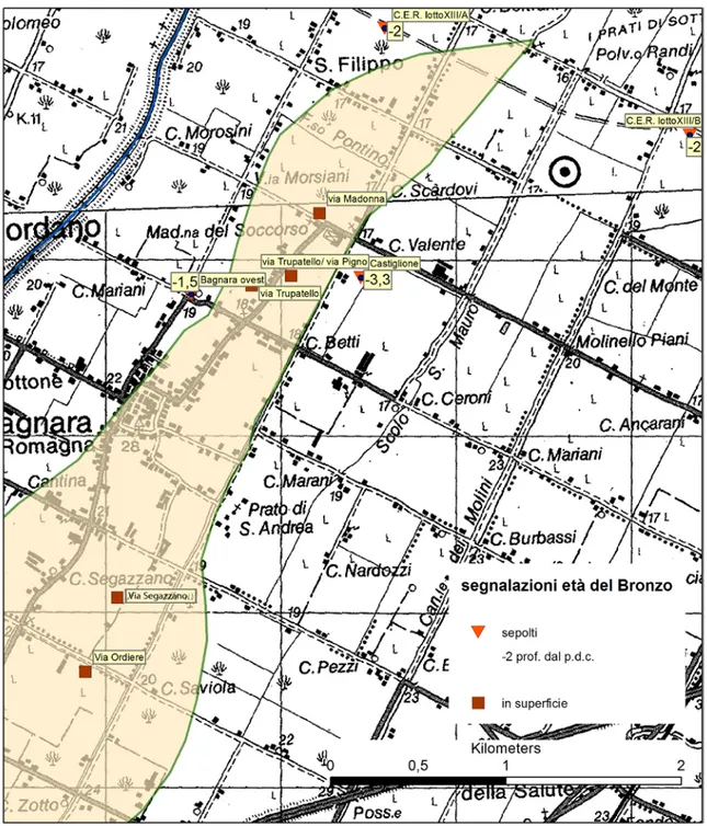 Fig. 5. Carta topografica con localizzazione dei siti dell’età del Bronzo e estensione del paleodosso di Bagnara  (modificato da M ARABINI  2007)