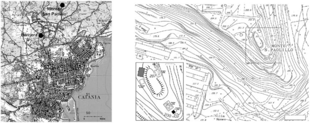 Fig. 2 - Monte San Paolillo (CT): 1) Carta IGM di Catania con indicazione del sito; 2) Planimetria del Monte   San Paolillo (T ANASI  2010) 