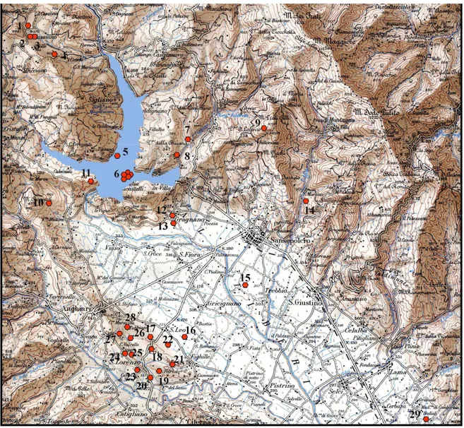 Fig.  1  –  localizzazione  dei  principali  siti  pre-protostorici  altotiberini:  n