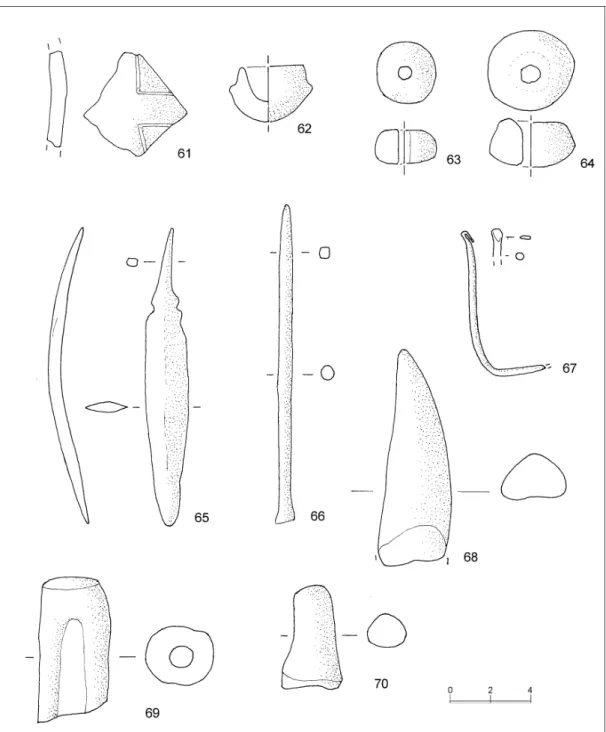 Fig. 9. S. Biagio, Larga Piazzetta. Materiali ceramici (61-64); manufatti in bronzo (65-67); strumenti in osso e corno (68-70)