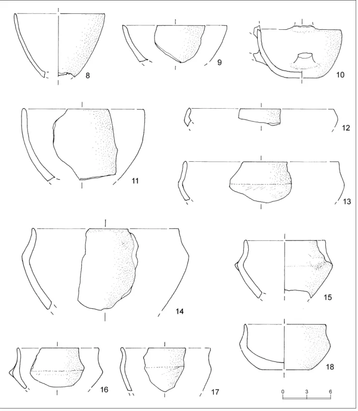 Fig. 4. S. Biagio, Larga Piazzetta. Scodelle (8-12); ciotole e tazze carenate (13-18)