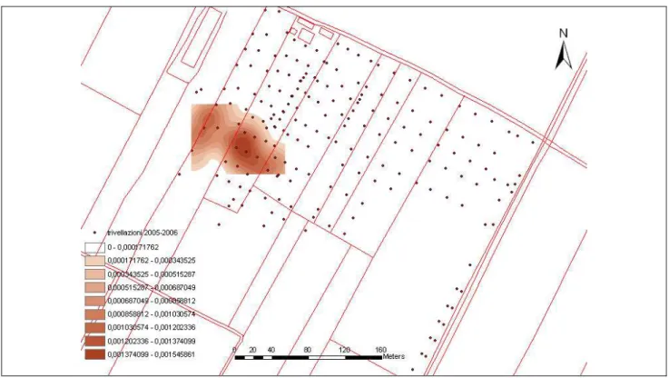 Fig. 15. Mappa di densità dello strato “argillo-sabbioso rossastro”. 