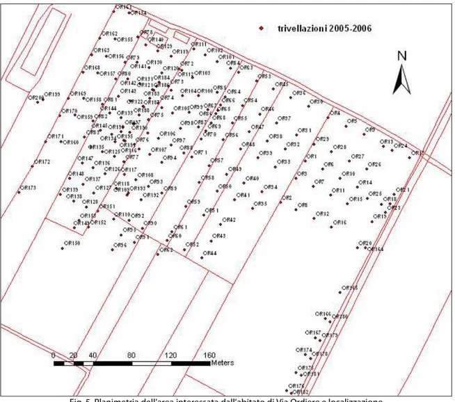 Fig. 5. Planimetria dell’area interessata dall’abitato di Via Ordiere e localizzazione   delle trivellazioni eseguite nel 2005-2006