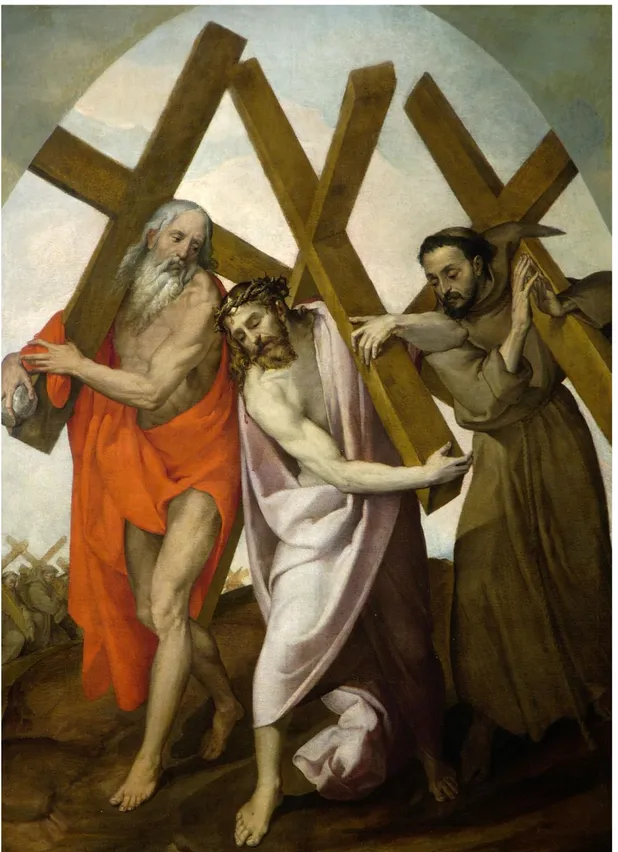 Fig. 1 - Bartolomeo Passerotti, Cristo tra S. Girolamo e S. Francesco, portanti la croce e  seguiti  da  una  processione  di  francescani  portacroce,  Vico,  chiesa  parrocchiale  di  St