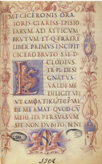 Fig.  10,  Marco  Zoppo,  Frontespizio,  (Epistulae  ad  Atticum,  Vat.  Lat.  5208),  1463,  Roma,  Biblioteca  Apostolica Vatican