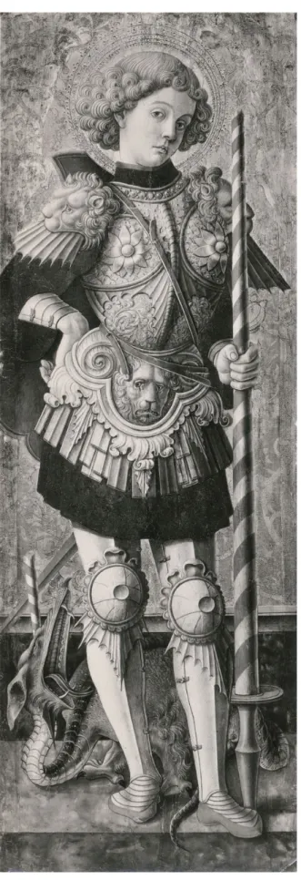 figura  di  San  Giorgio  (fig.  10):  infatti  il  santo  cavaliere  Gerosolimitano  appare  anche  in  un  pannello  del  polittico  del  1472  realizzato  per  i  domenicani  di  Fermo  e  oggi  al  Metropolitan  Museum di New York (num