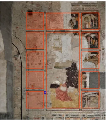 Fig.  2,  Proposta  di  ricostruzione  dell’affresco  con  Assunzione della Vergine con san Tommaso che riceve  la  Cintola  e  Storie  di  Maria  ed  Eva