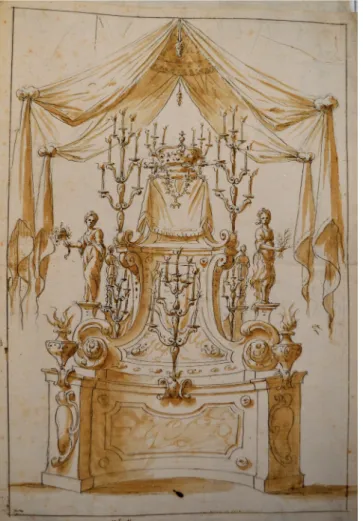 Fig.  1,  Catafalco  per  la  morte  di  Carlo  II,  1700,  Archivio Reale Collegio di Spagna, Bologna