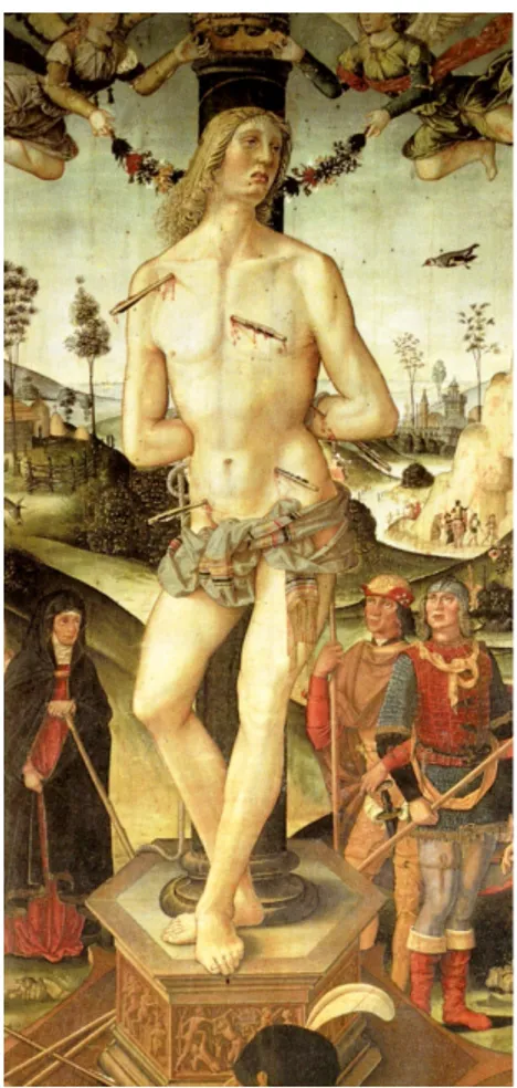 Fig.  4,  Pietro Vannucci  detto  il  Perugino,  Il  martirio  di  san  Sebastiano,  circa  1503,  Libro  d’ore  Ghisilieri  (132v), London, British Library.