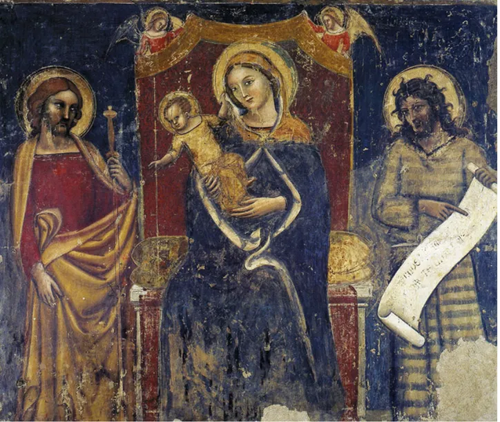 Fig.  11,  Pittore  bolognese,  Madonna  col  Bambino  in  trono  tra  angeli  e  santi,  circa  1350,  Bologna,  Pinacoteca Nazionale 
