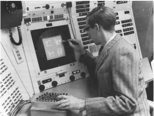 Figure 1: Ivan Sutherland while showing the functions of Sketchpad. Source: https://www.youtube.com/watch?v=6orsmFndx_o&amp;t=8s.
