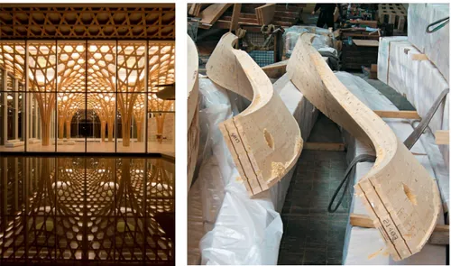 Figure 3: Left, view of the internal hall in which the columns are protagonists of the space, it is interesting to note how the timber components  seamlessly change from vertical to horizontal