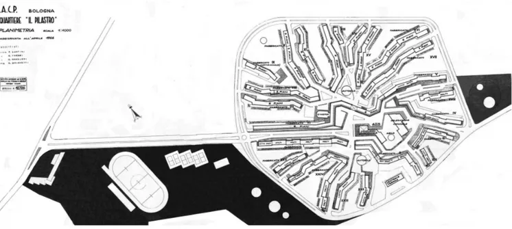 Fig. 5 Quartiere “Il Pilastro”, versione definitiva. Planimetria, 1966. Archivio privato di Glauco Gresleri.