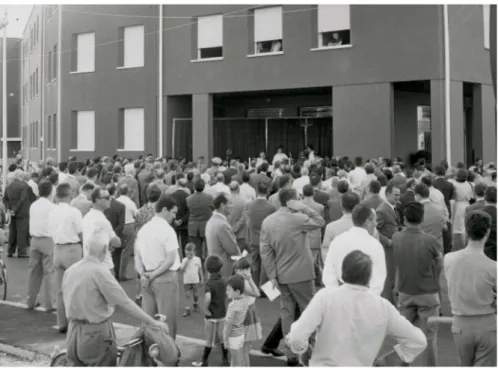 Fig. 7 Inaugurazione dell’edificio di Glauco Gresleri al Pilastro, 1966. Archivio Storico ACER 