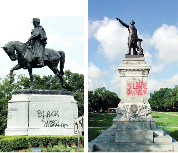fig.  5  General  P.G.T.  Beauregard  statue  spray-painted  with  “Black  Lives  Matter”  slogan  on  June  28,  2017  (Eliot  Kamenitz/The  New  Orleans Advocate/Associated Press); Confederate President Jefferson  Davis statue spray-painted “Slave Owner,