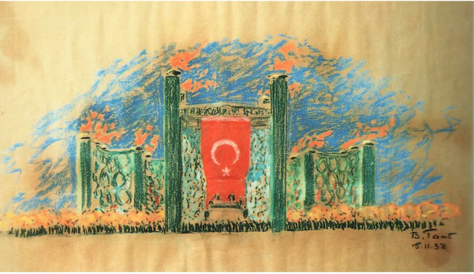 fig.  3  Bruno  Taut,  progetto  del  catafalco  di  Mustafa  Kemal  Atatürk,  disegno a pastello grasso, novembre 1938