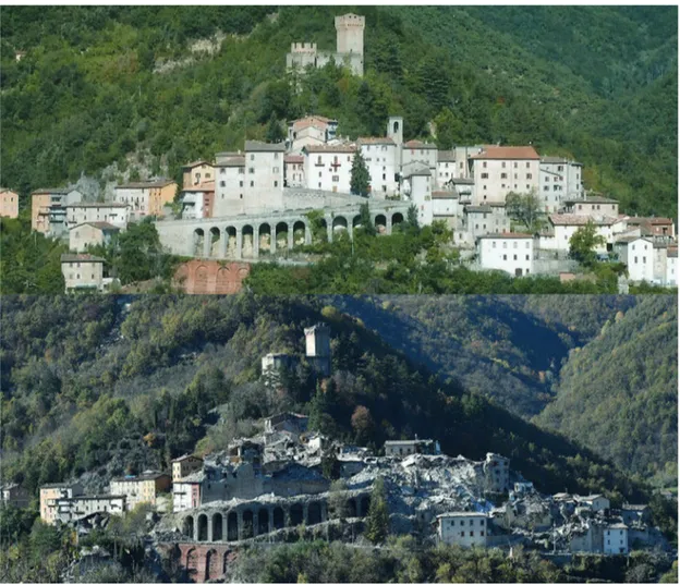 fig.  2  Sopra:  il  borgo  di  Arquata  del  Tronto  prima  della  sequenza  sismica del 2016/2017