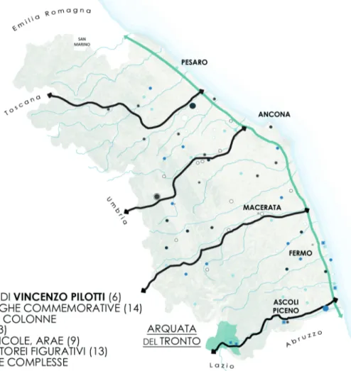 fig.  3  Localizzazione  dei  monumenti  ai  caduti  della  Prima  Guerra  Mondiale nella Regione Marche
