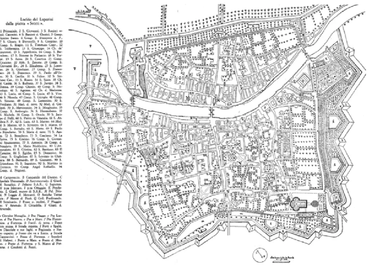 Fig. 2 Edifici ecclesiastici a Pisa tra i secoli XVII e XVIII. Autore  Anonimo «M.Z.», Pianta Scorzi, fine XVII secolo, Riproduzione  da Emilio Tolaini, Forma Pisarum