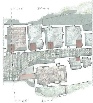 Fig. 6 Planimetria della cappella di santa Barbara e di via Alfieri: rilievo  architettonico (in alto) e progetto di restauro (in basso) (elaborazione  grafica: S