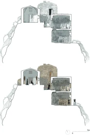 Fig. 7 Alzati della cappella di santa Barbara e di via Alfieri: rilievo  architettonico (prospetto-sezione A-A’ in alto a sinistra e sezione B-B’  in alto a destra) e progetto di restauro (prospetto-sezione A-A’ in basso  a sinistra e sezione B-B’ in basso
