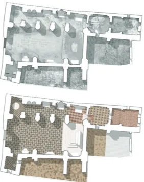 Fig. 3 Chiesa madre di san Nicola Vescovo: rilievo architettonico (in alto)  e progetto di restauro (in basso) (elaborazione grafica: C