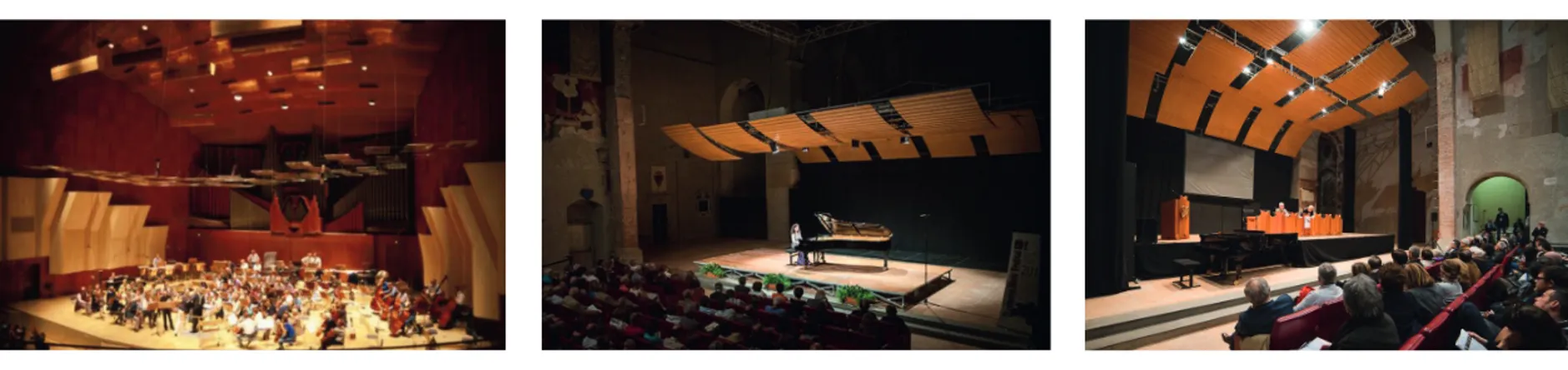 Fig. 2 Acoustic interventions in Danish Radio concert hall by Rindel (left)  and in San Domenico in Foligno by Cocchi (right and centre)