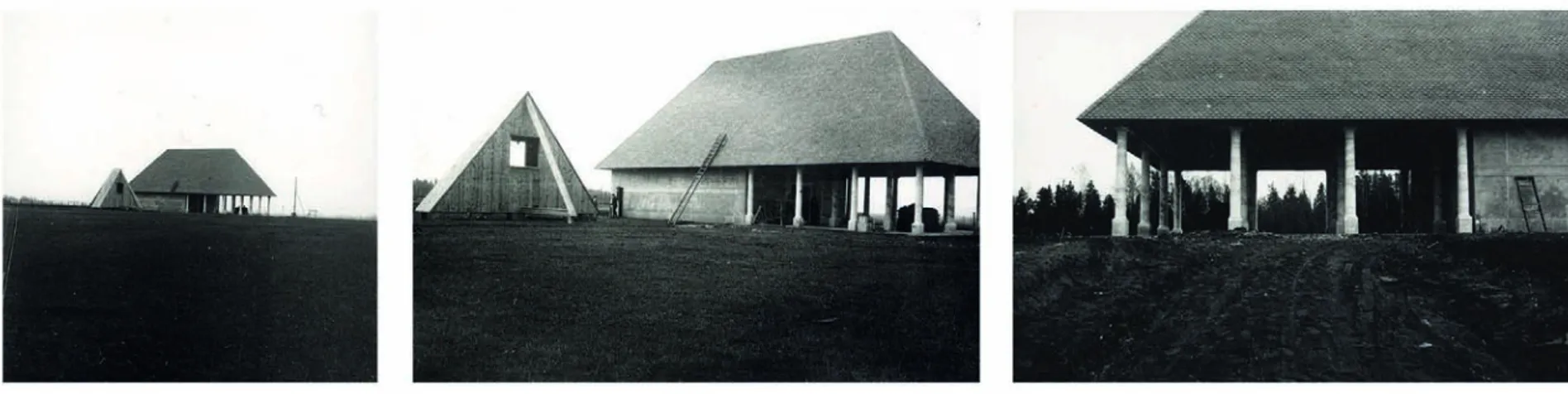 Fig. 11  Cimitero di Kvarnsveden, fotografie d’epoca della costruzione  della cappella e del campanile, circondati dalla campagna  pianeggiante