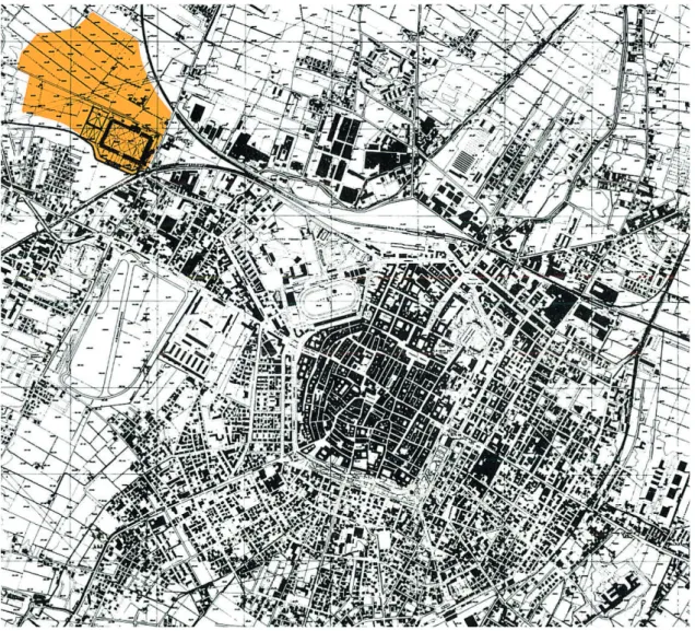 Fig. 1  Planimetria storica della città di Modena con individuazione dell’ambito di progetto