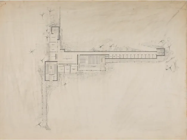 Fig. 13  Disegno di archivio. S. Fehn, Progetto di tesi per un  crematorio, pianta del piano terra, 1949.