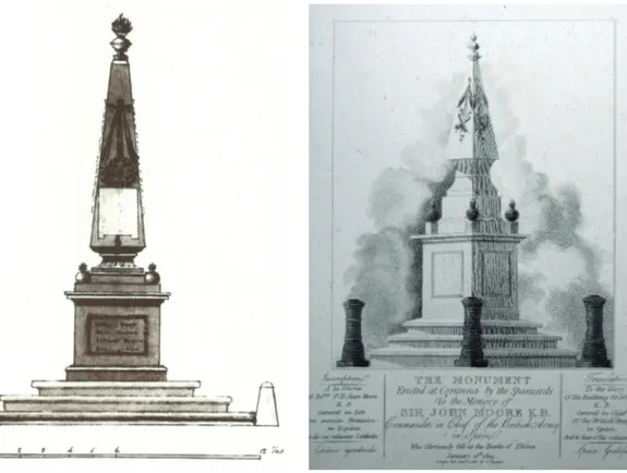 Fig. 4. First monument in memory of John Moore ordered by  Marquis de La Romana. a) Drawing by Captain William Parker  Carrol, 1809 (Guscin, Moore…) b) Drawing by Thomas Overton, 1810  (Bradford, Sketches of the Country…)