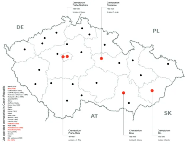 Fig. 1  The map of crematoriums in Czech Republic with marked  visited crematoria by authors of the article (source: authors)