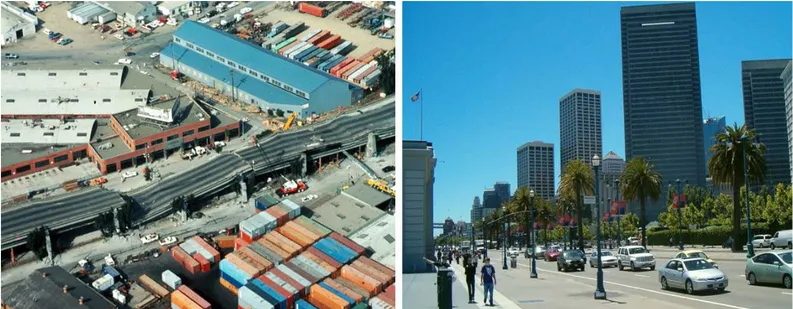 Fig.  2  -  San  Francisco:  il  col- col-lasso  della  sopraelevata  e  la  successiva  costruzione  del  viale Embarcadero