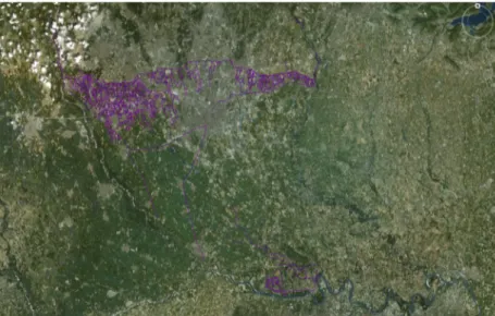 Fig. 3 - Immagine  satellitare con  in viola evidenziato il sistema del  Canale Villoresi (lungo 86 km da  est a ovest) e il sistema di derivatori  secondati e terziari a uso irriguo nel  nord di Milano