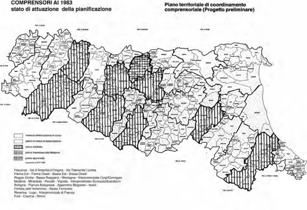 Fig. 1 - I piani dei 28 Compren- Compren-sori dell’Emilia-Romagna nel  1983. Due Comprensori erano  interprovinciali.