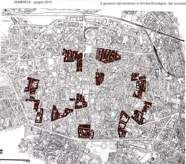 Fig. 3 - Comparti di intervento del  Piano PEEP per il Centro storico di  Bologna  (1972/74).