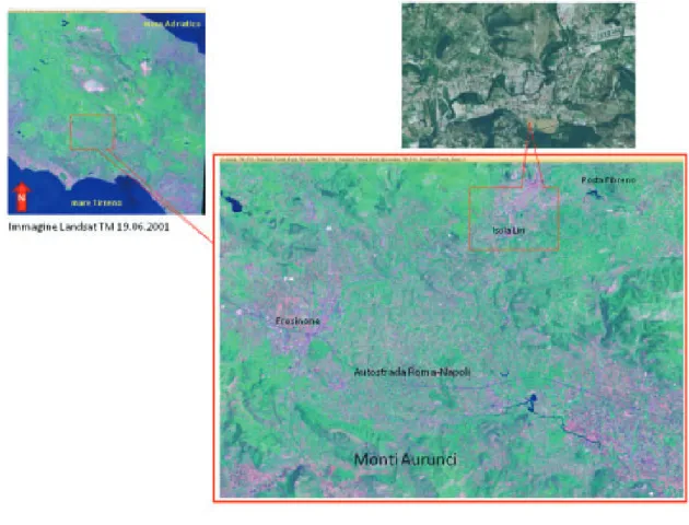 Fig. 1. Inquadramento geografico  dell’area di studio. Immagini del  sensore Landsat ETM del 9 giugno  2001 nelle bande 7,4,1 rgb
