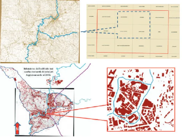 Fig. 2. Inquadramento cartografico:  sezioni CTR 1:10.000 e dettagli  della estensione dell’edificato nel  territorio comunale di Isola Liri.