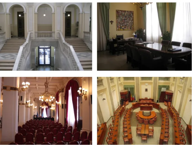 Fig. 4 - Ambienti di rappresentanza:  scalone centrale, Sala di  Presiden-za, Salone degli Specchi, Sala del  Consiglio.