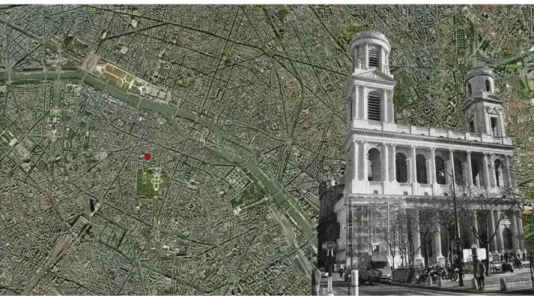 Fig. 1 - Inquadramento urbanistico  della chiesa di Saint-Sulpice,  situa-ta nel VI arrondissement di Parigi,  e vista della facciata occidentale