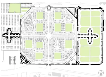 Fig. 1 – Cimitero della Villetta a  Parma, planimetria (ottagono e  ampliamenti storici).