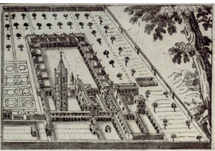 Fig. 2 - Veduta icnoscenografica  del Monastero della Certosa di  Bologna. Incisione del XVII secolo