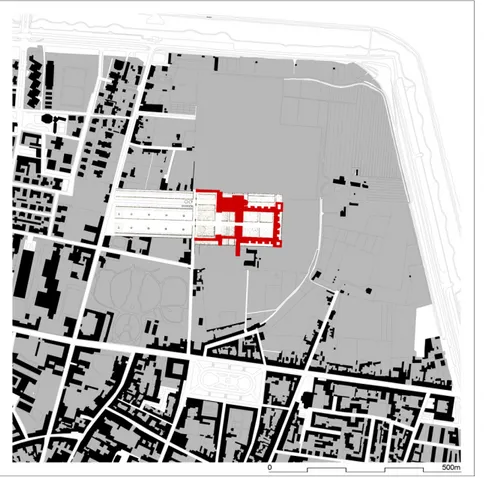 Fig.  8. Il progetto pubblicato nel  1834 per il cimitero della Certosa  (in rosso i soli edifici che al tempo  costituivano il complesso)