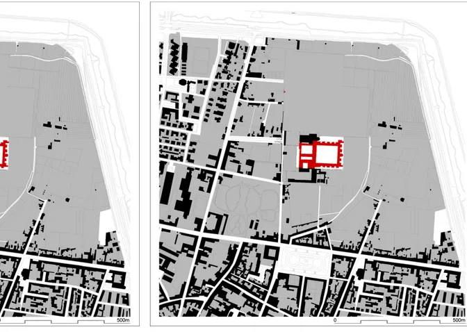 Fig. 4. Il Cimitero della Certosa  nel 1814 dopo l’acquisto di alcuni  edifici dell’ex-monastero (in rosso i  soli edifici che al tempo  costituiva-no il complesso).