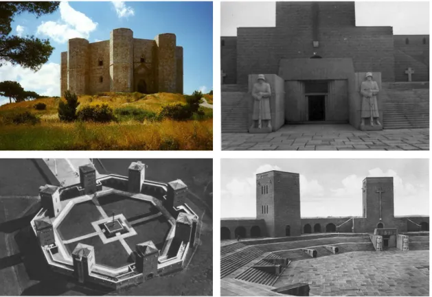 Fig. 12 a - Castel del Mon- Mon-te- Andria, Apulien (Italy), XIII  Century A.D.;  (b-e),Tannenberg-Denkmal, Hohenstein-Olsztynek,  (1925–1927)